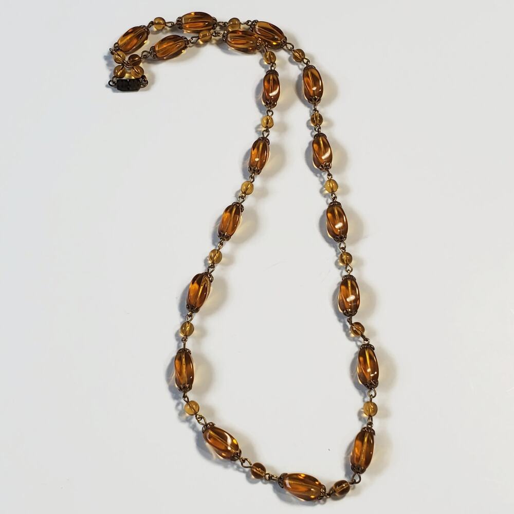 Vintage Czech Amber Glass Bead Art Deco Necklace Barrel Clasp 27.5 in.